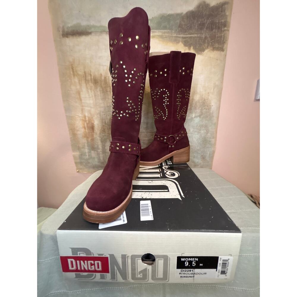 Dingo Troubadour Women's Burgundy Suede Studded Tall Western Boot Round Toe 9.5M - Picture 12 of 16